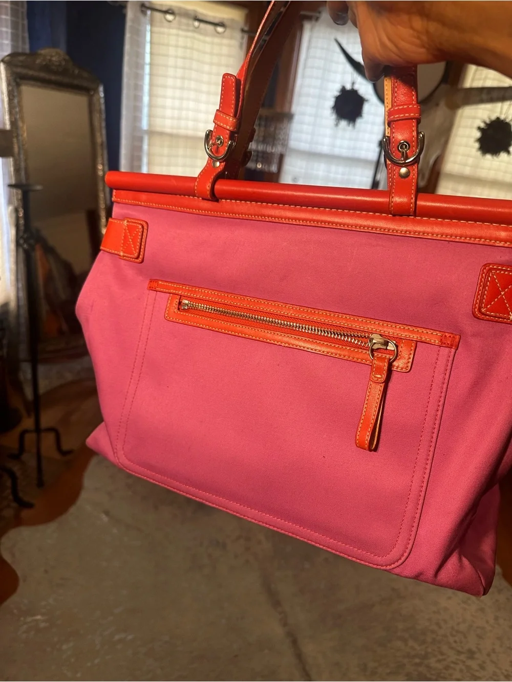 Vintage Coach Pink and Orange Hampton turnlock Canvas Tote with Buckle Front